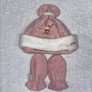 Vintage Disney sincerely Pooh  Pink and White fleece Winter Hat mittens 0/3m